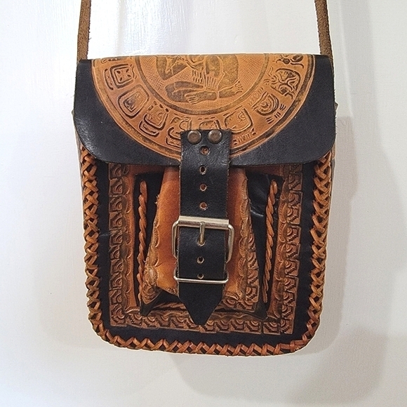Handmade Tooled Leather Crossbody Satchel Bag Black Brown Made in Mexico - Picture 3 of 16